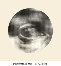 Halftone male eye in the circle. Vector Illustration.