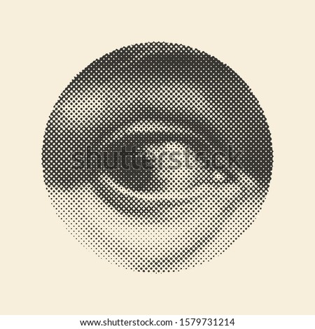 Halftone male eye in the circle. Vector Illustration.