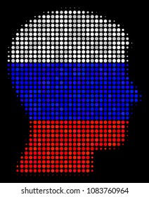 Halftone Man Head Profile icon colored in Russian official flag colors on a dark background. Vector collage of man head profile icon organized of circle items.