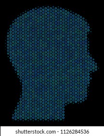 Halftone Man head profile mosaic icon of circle bubbles in blue shades on a black background. Vector circle items are grouped into man head profile collage.