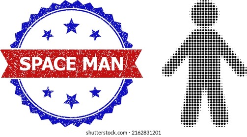Halftone man icon, and bicolor scratched Space Man stamp. Halftone man icon is designed with small circle dots. Vector seal with scratched bicolored style,
