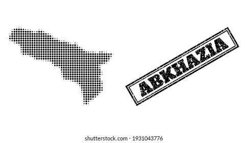 Halftone map of Abkhazia, and scratched seal. Halftone map of Abkhazia designed with small black circle items. Vector seal with retro style, double framed rectangle, in black color.