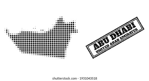 Halftone map of Abu Dhabi Emirate, and rubber seal stamp. Halftone map of Abu Dhabi Emirate constructed with small black round points. Vector seal with scratched style, double framed rectangle,