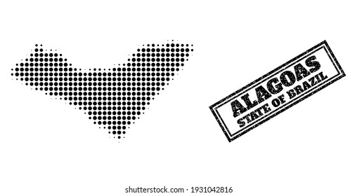 Halftone map of Alagoas State, and unclean seal stamp. Halftone map of Alagoas State made with small black spheric elements. Vector seal with unclean style, double framed rectangle, in black color.