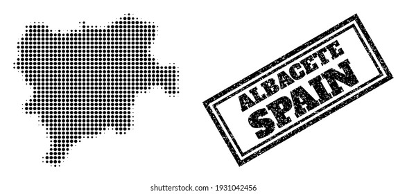 Halftone map of Albacete Province, and unclean seal. Halftone map of Albacete Province designed with small black circle items. Vector watermark with unclean style, double framed rectangle,