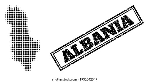 Halftone map of Albania, and unclean seal. Halftone map of Albania designed with small black spheric points. Vector seal with scratched style, double framed rectangle, in black color.