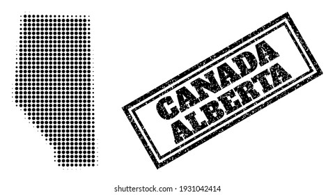 Halftone map of Alberta Province, and scratched seal stamp. Halftone map of Alberta Province made with small black round elements. Vector seal with scratched style, double framed rectangle,