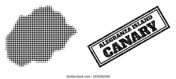 Halftone map of Alegranza Island, and grunge seal. Halftone map of Alegranza Island made with small black spheric dots. Vector seal with grunge style, double framed rectangle, in black color.
