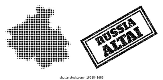 Halftone map of Altai Republic, and unclean seal. Halftone map of Altai Republic made with small black spheric elements. Vector watermark with unclean style, double framed rectangle, in black color.