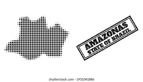 Halftone map of Amazonas State, and grunge seal. Halftone map of Amazonas State designed with small black round points. Vector seal with distress style, double framed rectangle, in black color.