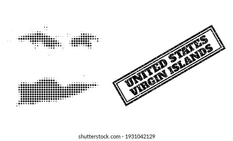 Halftone map of American Virgin Islands, and textured watermark. Halftone map of American Virgin Islands generated with small black circle pixels. Vector watermark with scratched style,