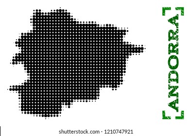 Halftone map of Andorra and rubber caption. Vector green title with corners and unclean rubber texture. Halftone map of Andorra constructed with black pattern of circles.