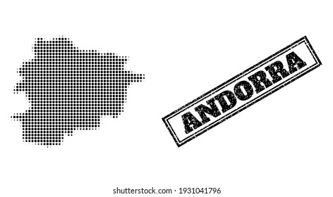 Mapa de semitono de Andorra y sello de caucho. Mapa de semitono de Andorra diseñado con pequeños puntos redondos negros. Sello vectorial con estilo rayado, rectángulo doble enmarcado, en color negro.