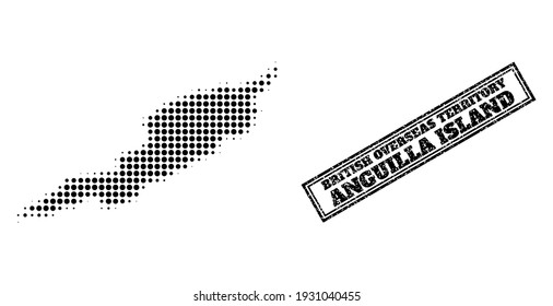 Halftone map of Anguilla Island, and dirty watermark. Halftone map of Anguilla Island generated with small black round pixels. Vector watermark with unclean style, double framed rectangle,