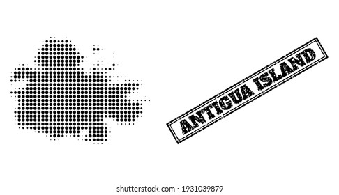 Halftone map of Antigua Island, and unclean seal stamp. Halftone map of Antigua Island constructed with small black round items. Vector seal with distress style, double framed rectangle,