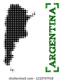 Halftone map of Argentina and corroded caption. Vector green title with corners and corroded rubber texture. Halftone map of Argentina designed with black pattern of circles.