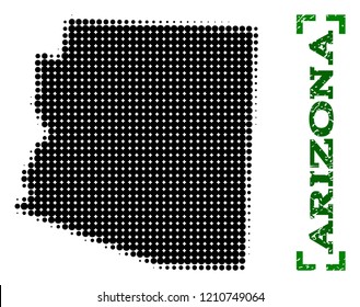 Halftone map of Arizona State and rubber caption. Vector green title with corners and grunge rubber texture. Halftone map of Arizona State designed with black pattern of circles.