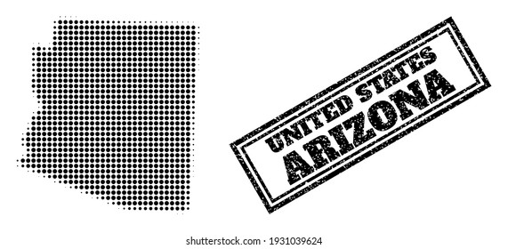 Halftone map of Arizona State, and rubber seal. Halftone map of Arizona State made with small black round dots. Vector seal with grunge style, double framed rectangle, in black color.