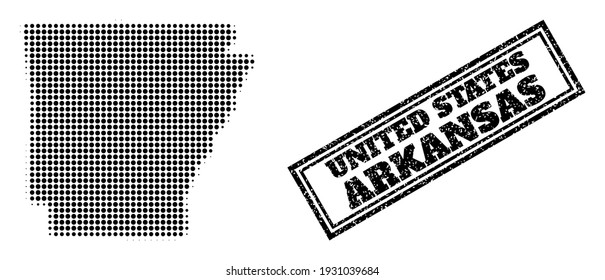Halftone map of Arkansas State, and grunge seal. Halftone map of Arkansas State generated with small black round dots. Vector seal with distress style, double framed rectangle, in black color.