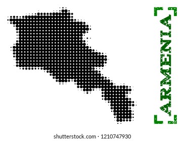 Halftone map of Armenia and rubber caption. Vector green title with corners and distress rubber texture. Halftone map of Armenia designed with black pattern of circles.