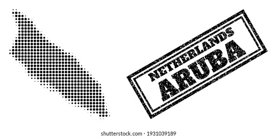 Halftone map of Aruba Island, and rubber seal stamp. Halftone map of Aruba Island made with small black spheric items. Vector seal with scratched style, double framed rectangle, in black color.