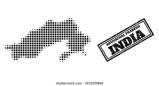 Halftone map of Arunachal Pradesh State, and rubber watermark. Halftone map of Arunachal Pradesh State designed with small black spheric pixels. Vector watermark with distress style,