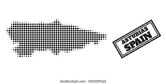 Halftone map of Asturias Province, and textured seal stamp. Halftone map of Asturias Province generated with small black round items. Vector seal with distress style, double framed rectangle,