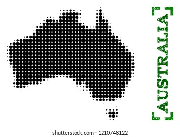 Halftone map of Australia and scratched caption. Vector green title with corners and corroded rubber texture. Halftone map of Australia constructed with black pattern of circles.