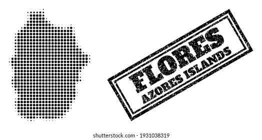 Halftone map of Azores - Flores Island, and textured seal. Halftone map of Azores - Flores Island constructed with small black round elements. Vector seal with scratched style,