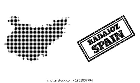 Halftone map of Badajoz Province, and grunge seal. Halftone map of Badajoz Province constructed with small black round points. Vector seal with unclean style, double framed rectangle, in black color.