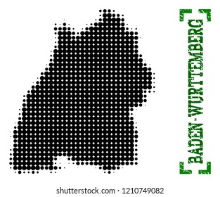 Halftone map of Baden-Wurttemberg State and rubber caption. Vector green title with corners and grunge rubber texture. Halftone map of Baden-Wurttemberg State designed with black pattern of circles.