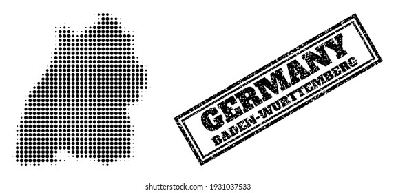 Halftone map of Baden-Wurttemberg State, and unclean seal. Halftone map of Baden-Wurttemberg State constructed with small black spheric elements. Vector seal with distress style,