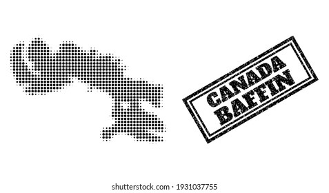 Mapa de semitono de la isla de Baffin y marca de agua de grunge. Mapa de semitono de la isla de Baffin diseñado con pequeños elementos de círculo negro. Marca de agua vectorial con estilo rayado, rectángulo doble enmarcado,