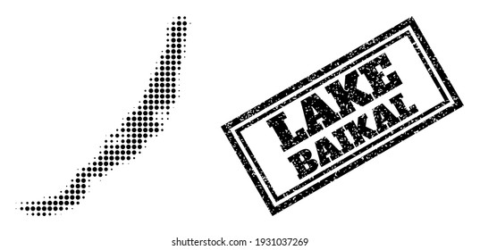 Halftone map of Baikal, and grunge seal. Halftone map of Baikal constructed with small black round points. Vector seal with retro style, double framed rectangle, in black color.