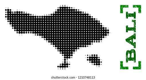 Halftone map of Bali Island and corroded caption. Vector green title with corners and corroded rubber texture. Halftone map of Bali Island designed with black pattern of circles.
