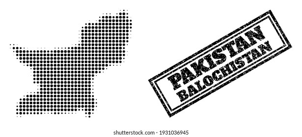 Halftone map of Balochistan Province, and dirty seal stamp. Halftone map of Balochistan Province constructed with small black spheric items. Vector imprint with scratched style,