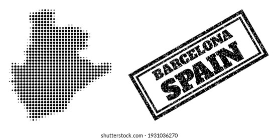Halftone map of Barcelona Province, and textured seal stamp. Halftone map of Barcelona Province generated with small black round items. Vector seal with scratched style, double framed rectangle,