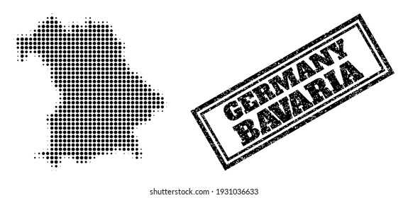 Halftone map of Bavaria State, and dirty watermark. Halftone map of Bavaria State designed with small black spheric points. Vector watermark with scratched style, double framed rectangle,
