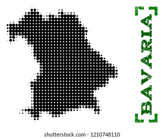 Halftone map of Bavaria State and rubber caption. Vector green title with corners and distress rubber texture. Halftone map of Bavaria State constructed with black pattern of circles.