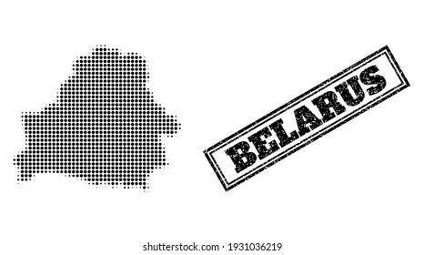 Mapa de semitono de Bielorrusia, y sello de selva rasgada. Mapa de semitono de Bielorrusia generado con pequeños píxeles de círculo negro. Sello vectorial con estilo rayado, rectángulo doble enmarcado, en color negro.