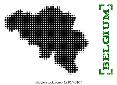 Halftone map of Belgium and rubber caption. Vector green title with corners and scratched rubber texture. Halftone map of Belgium designed with black pattern of circles.