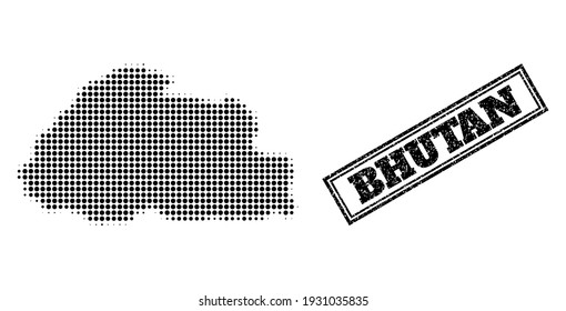 Halftone map of Bhutan, and textured seal stamp. Halftone map of Bhutan made with small black spheric points. Vector seal with retro style, double framed rectangle, in black color.