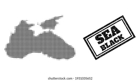 Halftone map of Black Sea, and unclean seal. Halftone map of Black Sea generated with small black circle pixels. Vector seal with unclean style, double framed rectangle, in black color.