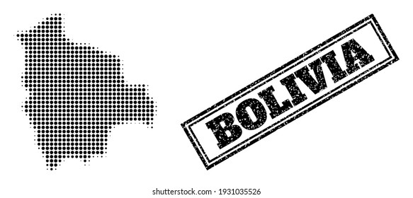 Halftone map of Bolivia, and dirty seal stamp. Halftone map of Bolivia designed with small black circle points. Vector seal with grunge style, double framed rectangle, in black color.