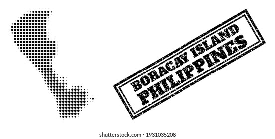 Halftone map of Boracay Island, and unclean seal. Halftone map of Boracay Island generated with small black spheric elements. Vector seal with corroded style, double framed rectangle, in black color.