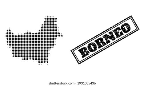Halftone map of Borneo Island, and rubber seal stamp. Halftone map of Borneo Island generated with small black circle dots. Vector seal with scratched style, double framed rectangle, in black color.