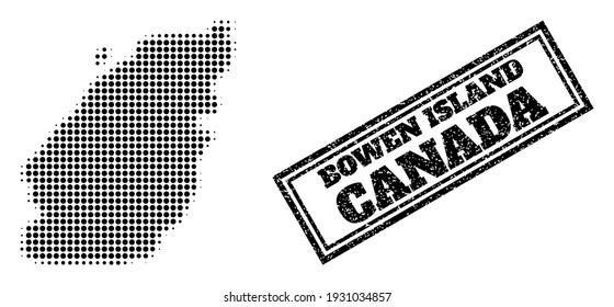 Halftone map of Bowen Island, and grunge watermark. Halftone map of Bowen Island generated with small black round items. Vector watermark with retro style, double framed rectangle, in black color.