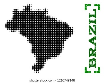 Halftone map of Brazil and rubber caption. Vector green title with corners and unclean rubber texture. Halftone map of Brazil designed with black pattern of circles. Flat design for political posters.