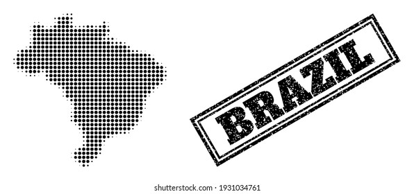 Halftone map of Brazil, and scratched seal. Halftone map of Brazil constructed with small black circle points. Vector seal with scratched style, double framed rectangle, in black color.