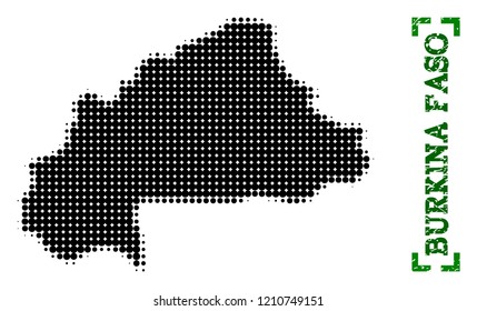 Halftone map of Burkina Faso and rubber caption. Vector green title with corners and retro rubber texture. Halftone map of Burkina Faso constructed with black pattern of circles.